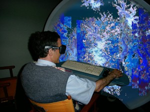 Cyber Sky  version de Centre-Lumière-Bleu  installation interactive en réalité virtuelle, sur Vision-Station Elumens,  en grand écran hémisphérique, dans l’espace multimédia de la manifestation  ART-JONCTION ( 15ème Foire Internationale d'Art Contemporain ) au Palais des Expositions de Nice 2001